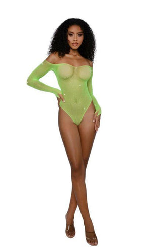 Rhinestone Off Shoulder Bodystocking - Os - Neon Lime