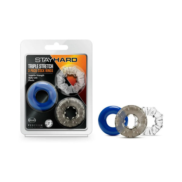 Stay Hard Triple Stretch Cockrings 3 - Pack Assorted Colors - TruLuv Novelties