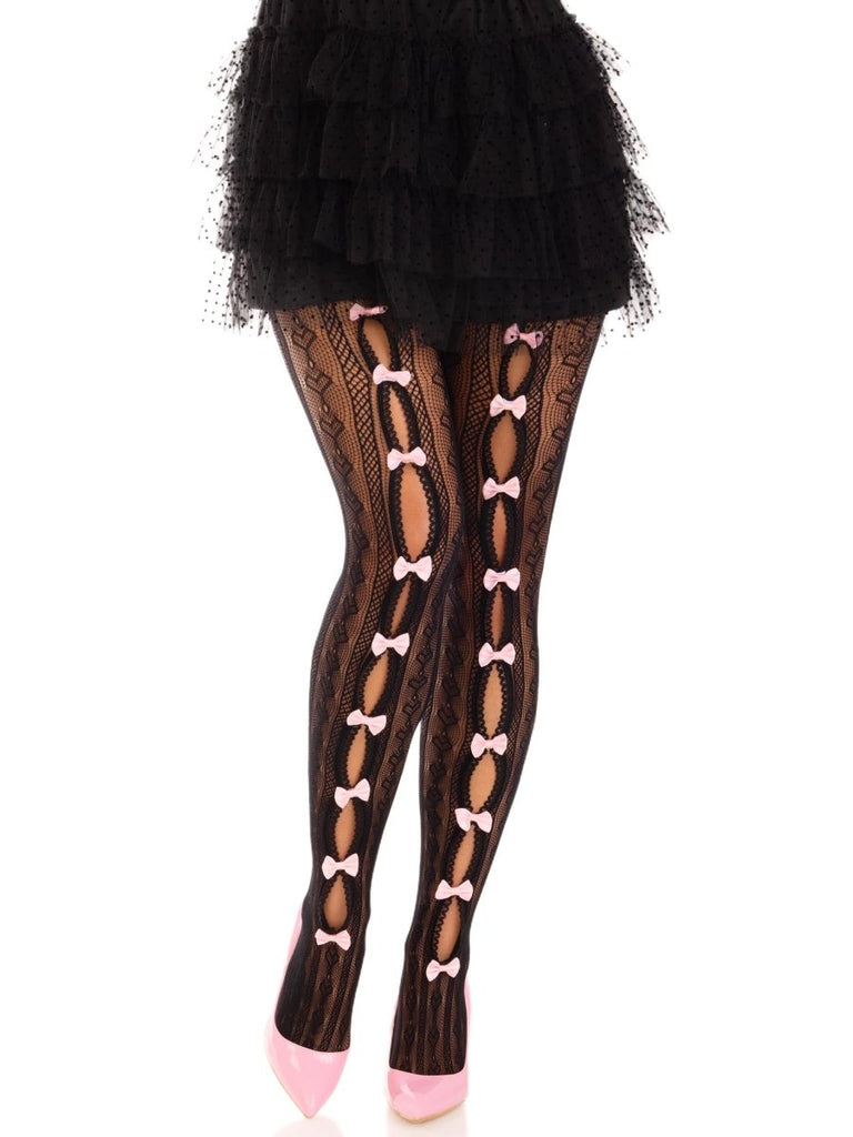 Sweetheart Striped Net Tights With Keyhole and Mini Bow Detail - One Size - Black - TruLuv Novelties
