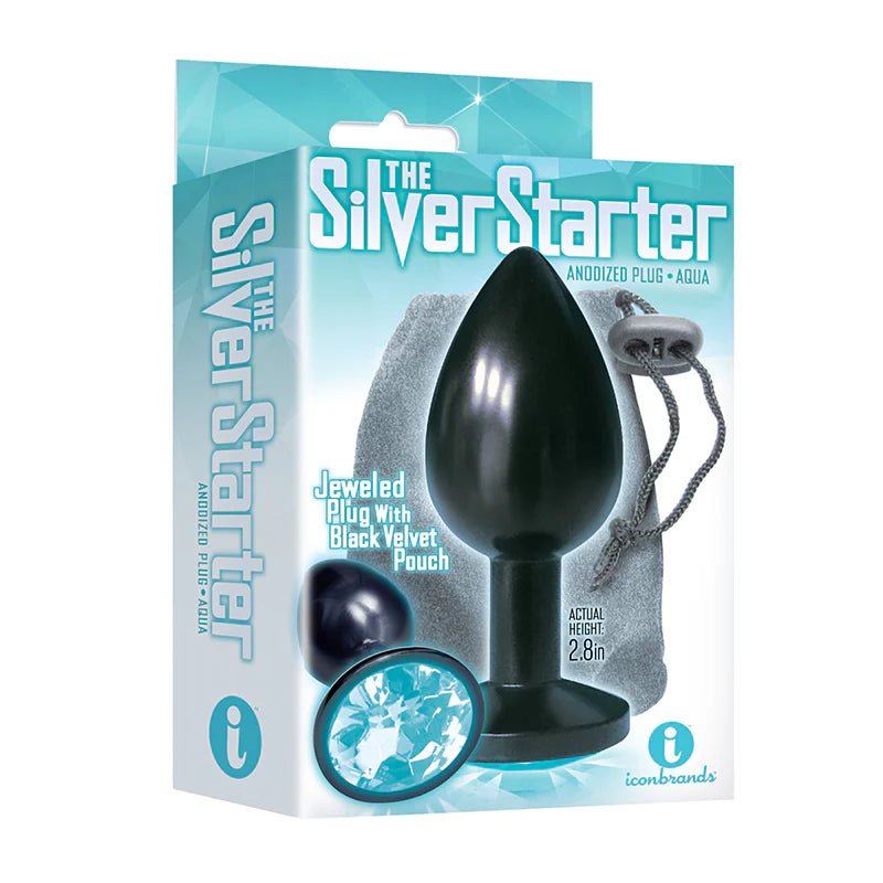 The 9's, The Silver Starter, Bejeweled Anodized Stainless Steel Plug, Aqua - TruLuv Novelties