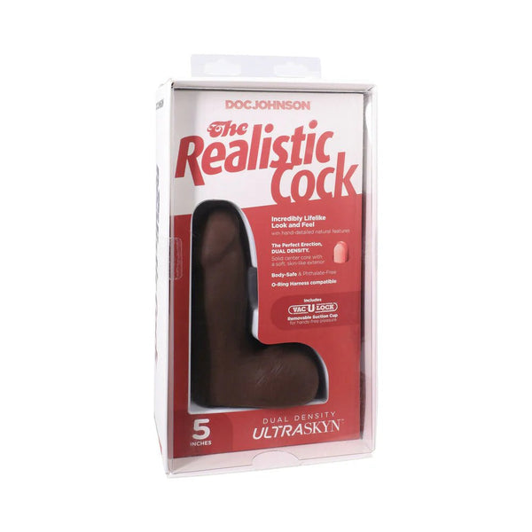 The Realistic Cock 5 in. ULTRASKYN Vac - U - Lock Dildo with Balls Chocolate - TruLuv Novelties