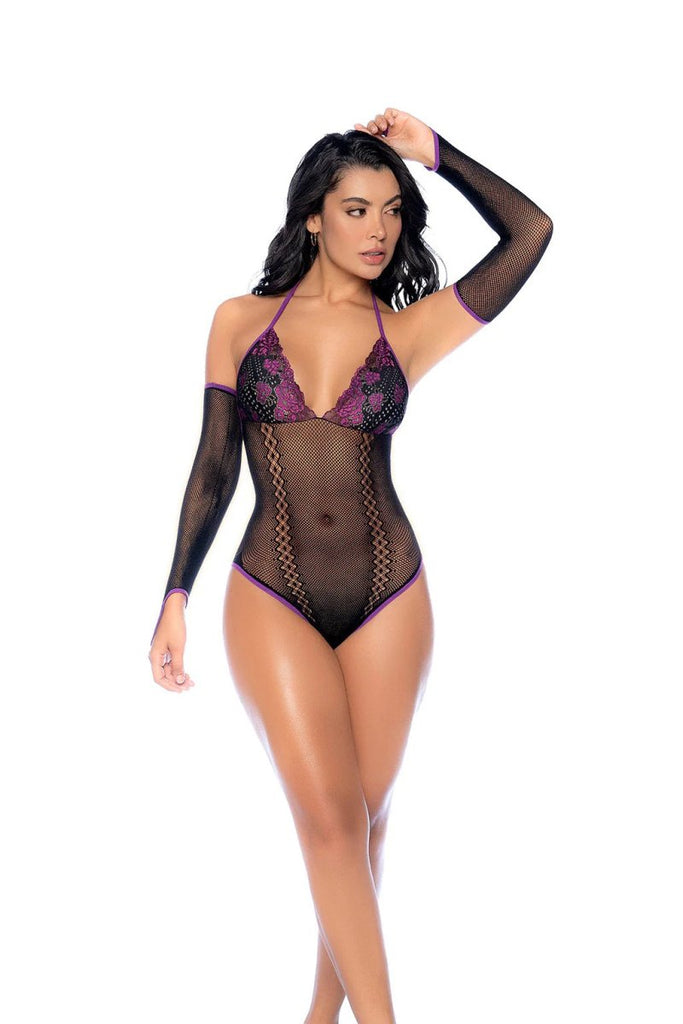 Whispered Lace Fishnet Bodysuit - Os - Black/purple - TruLuv Novelties