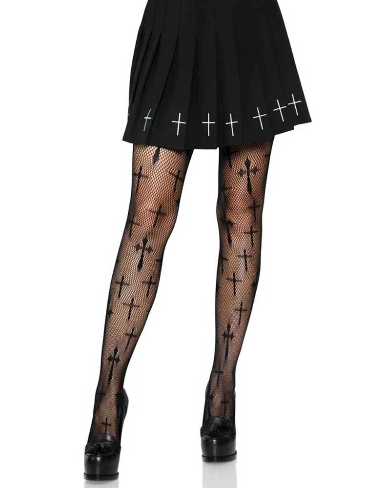 Worship Me Cross Net Tights - 1x/2x - Black - TruLuv Novelties